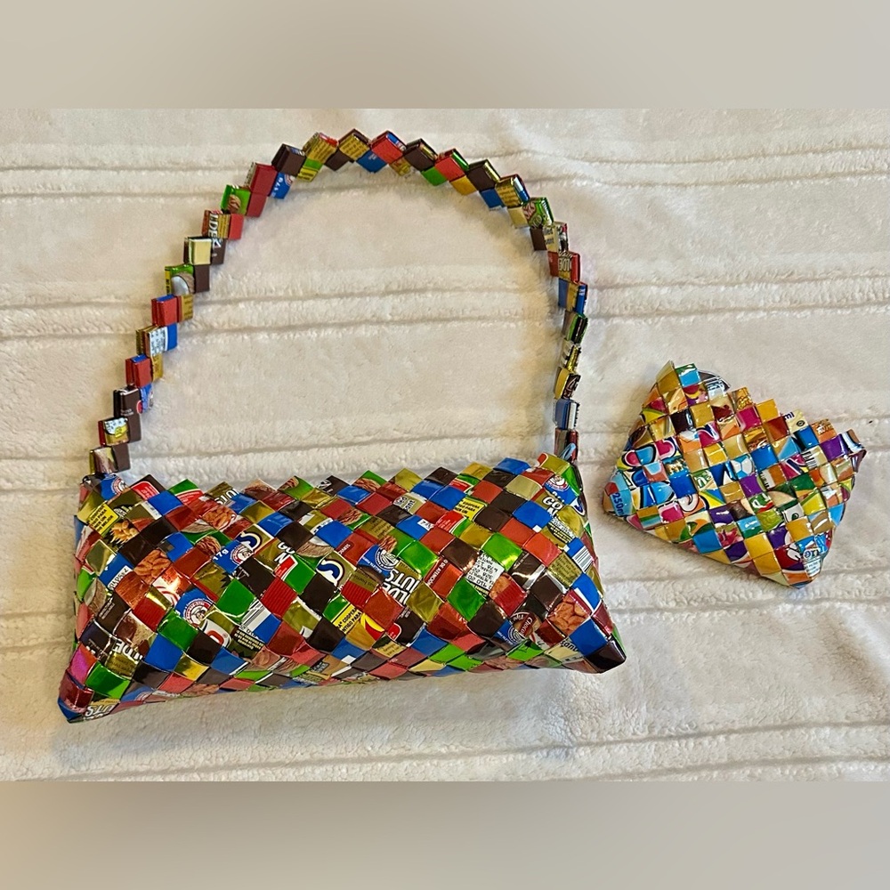 Colorful Woven Candy wrapper Handbag and Coin Purse Set - excellent condition